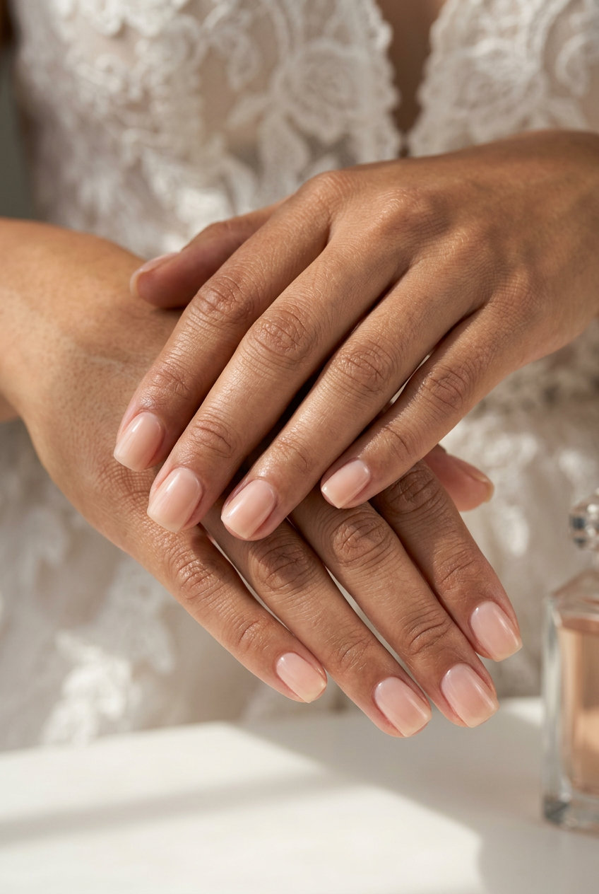 Sheer nude builder gel nails for clean-girl summer wedding nails 2026.