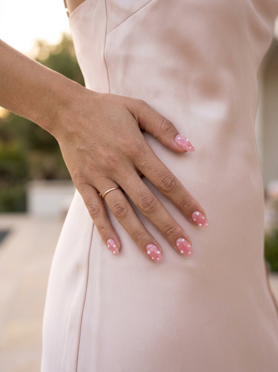 Sheer pink jelly oval nails with dewdrops pearls for romantic summer wedding nails 2026.