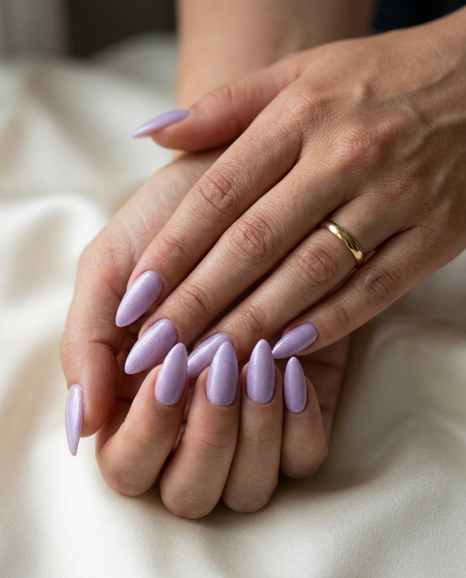 Soft lavender shimmer stiletto nails for glamorous summer wedding nails 2026.