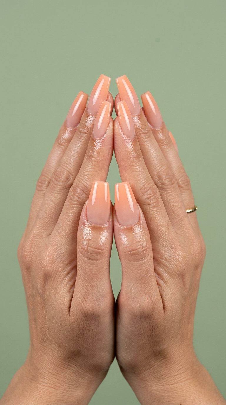 Romantic sunset peach ombre coffin nails, a warm choice for summer wedding nails 2026.