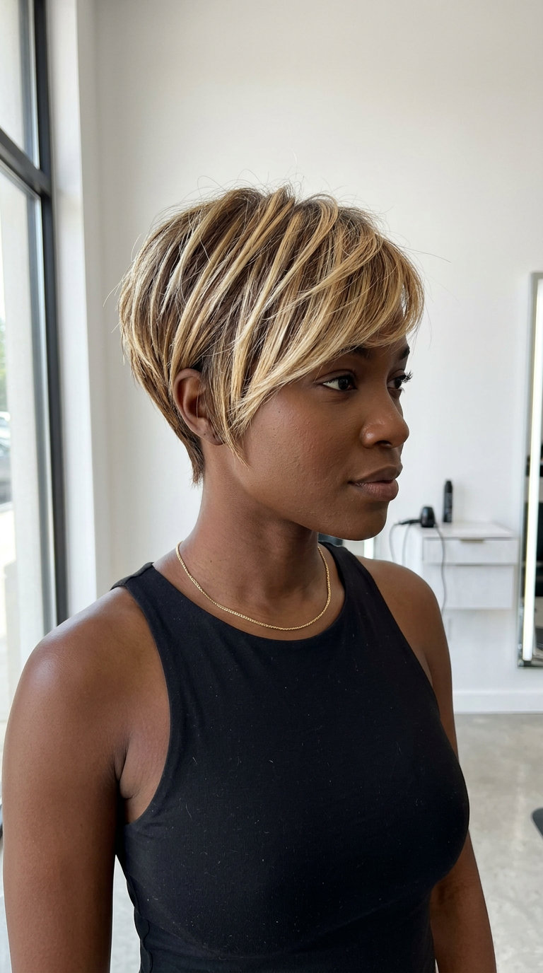 cropped pixie with sun-kissed blonde highlights, chocolate brunette base, side-swept fringe for playful edginess