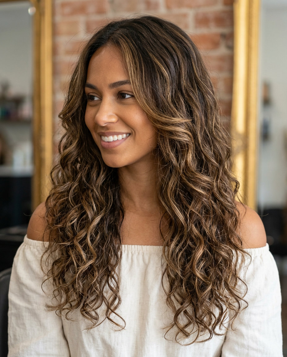 Romantic Botticelli Curls for Summer 2026 long curly layered haircut with sun-kissed brunette, honey pintura highlights — romantic summer
