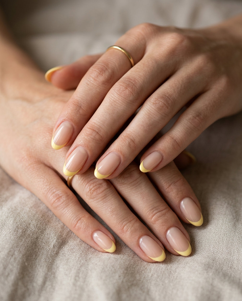 Sunny Butter Micro French nails: clean nude base with butter yellow tips for summer vibes nails 2026.