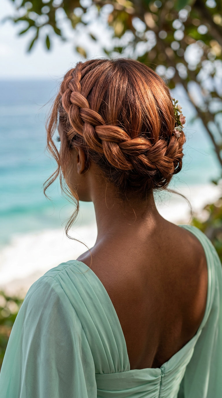 Ethereal Goddess Crown Braid 2026 long sunset copper Dutch braid crown hairstyle with face-framing tendrils for summer