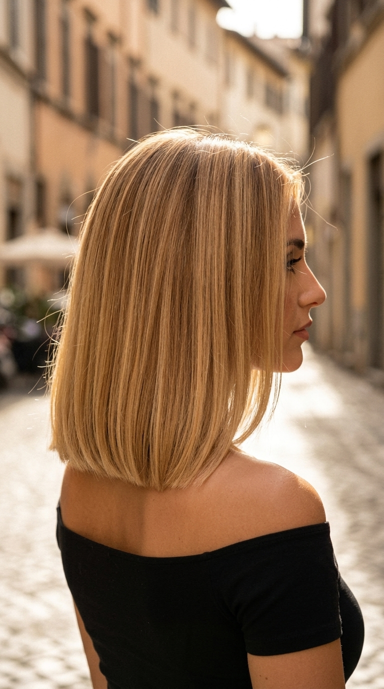 Syrup Blonde Caramel Ribbon Lob 2026 medium blunt lob haircut with syrup blonde, caramel ribbons, middle part — glamorous