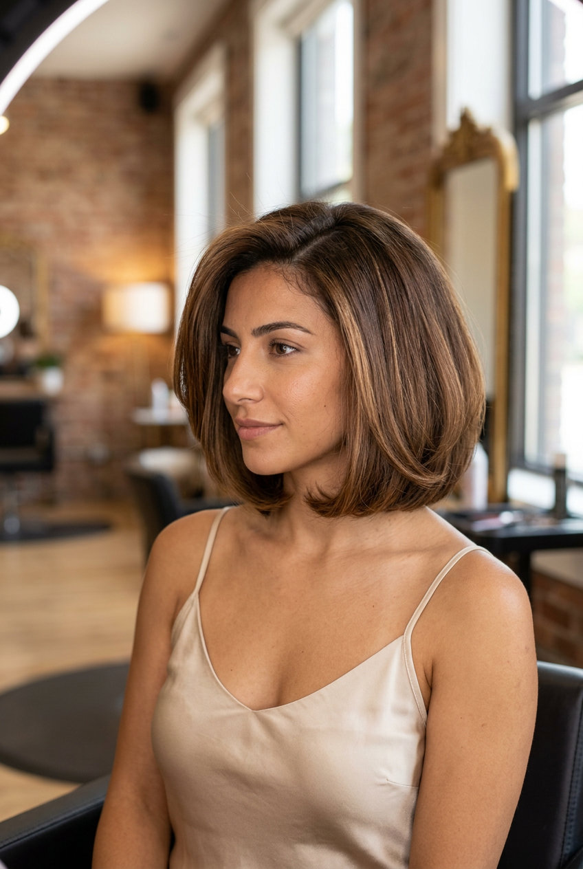 Golden Hour Baroque Bob: Chic Summer Style 2026 collarbone-length syrup brunette bob with caramel ribbons and deep side part for summer