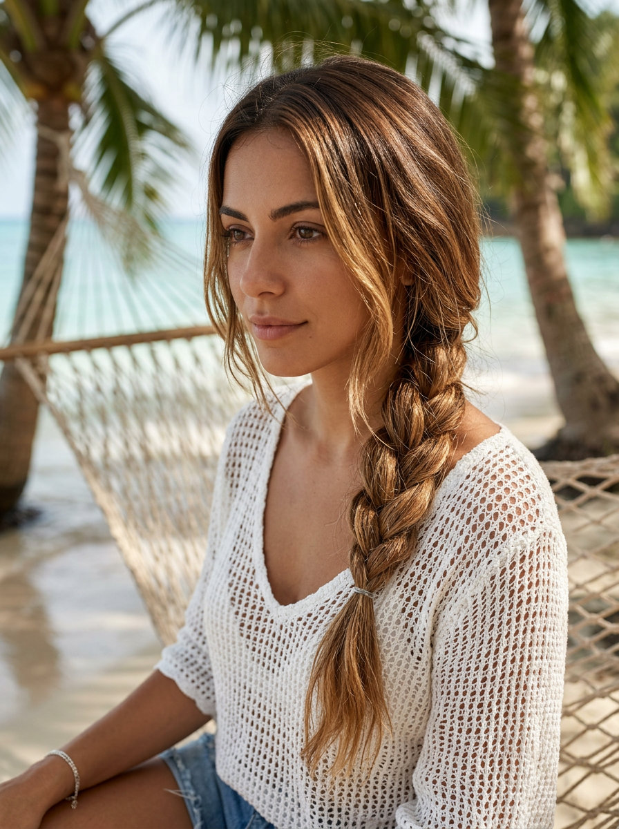 long boho three-strand side braid with syrup brunette to linen blonde ombre, loose and textured — carefree, bohemian