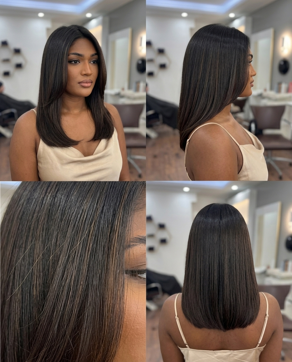 long blunt haircut in deep syrup brunette with caramel ribbons, no layers, no bangs — sophisticated polished glamour
