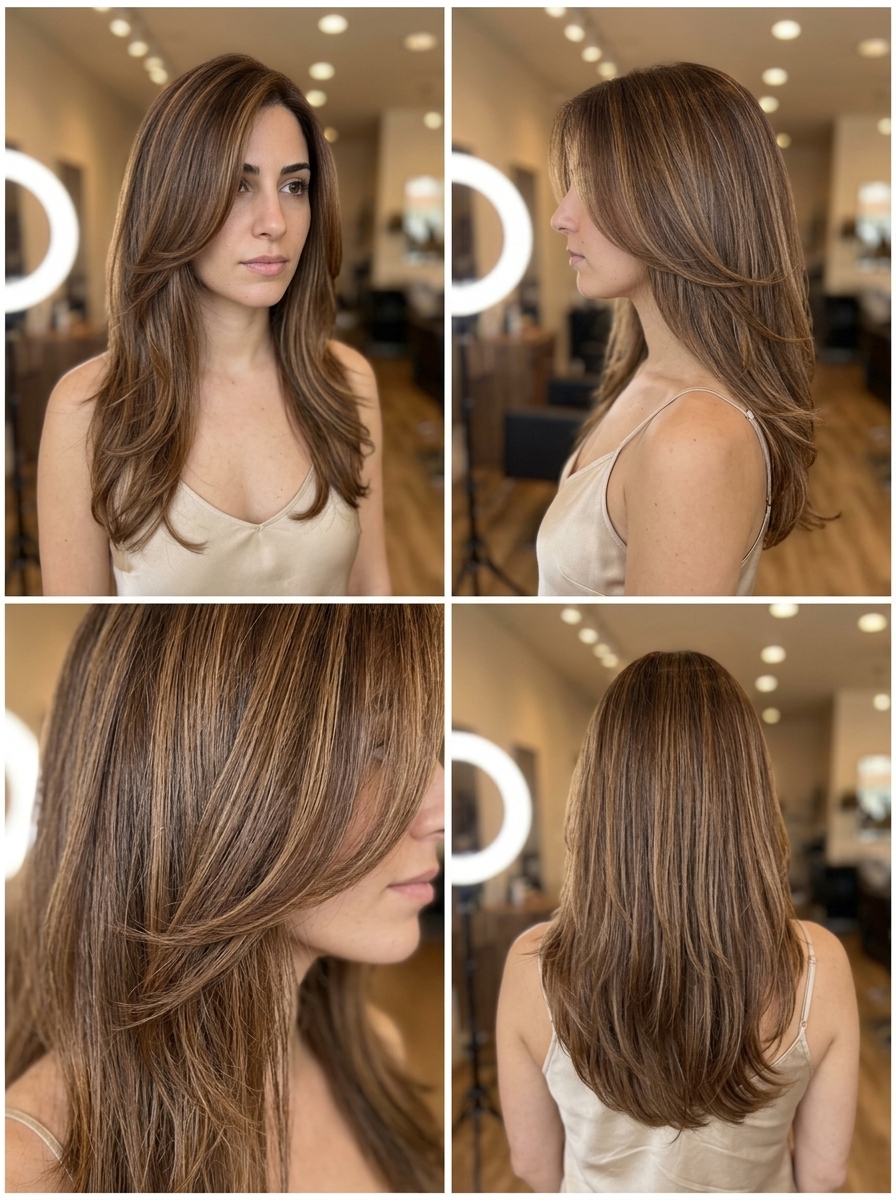 90s Supermodel Cascade: Long Haircut 2026 long syrup brunette haircut with caramel ribbons and face-framing layers for summer