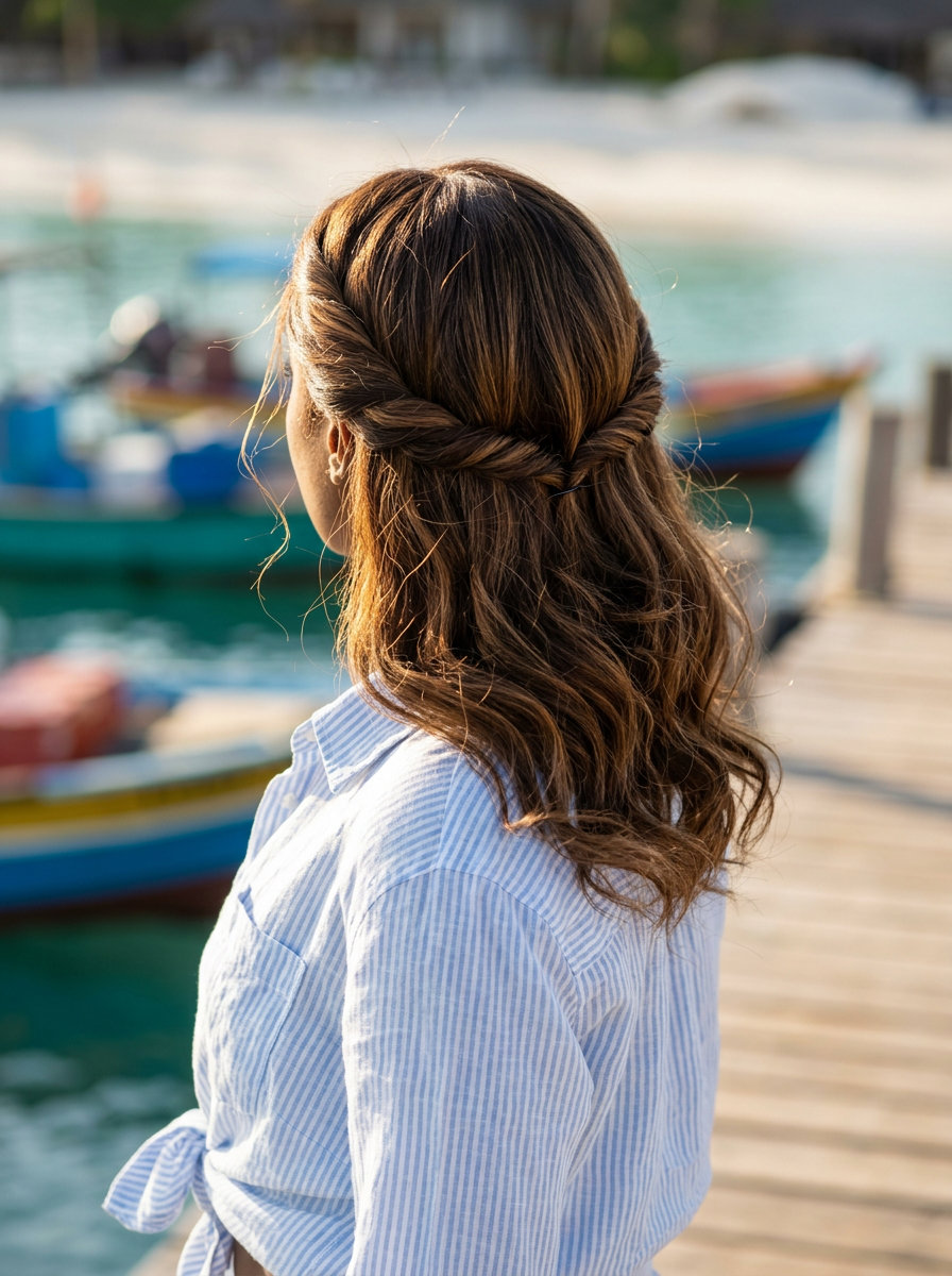 long syrup brunette twisted half-up with warm caramel tones for daily wear