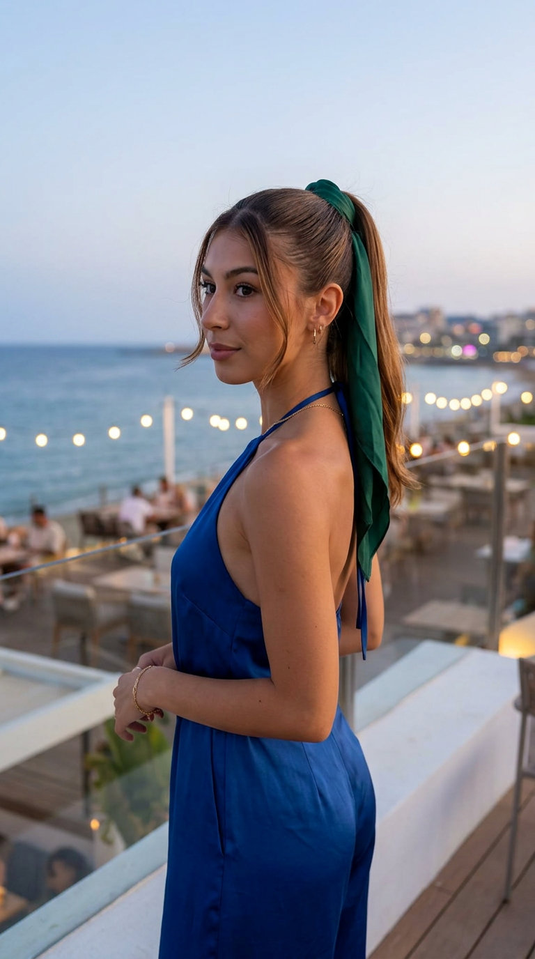long syrup brunette high ponytail with silk scarf accent for sophisticated looks