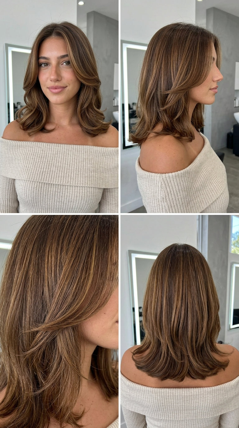 Polished Syrup Brunette Curve Haircut 2026 medium layered haircut with syrup brunette, caramel ribbons, C-shape layers — sophisticated polished