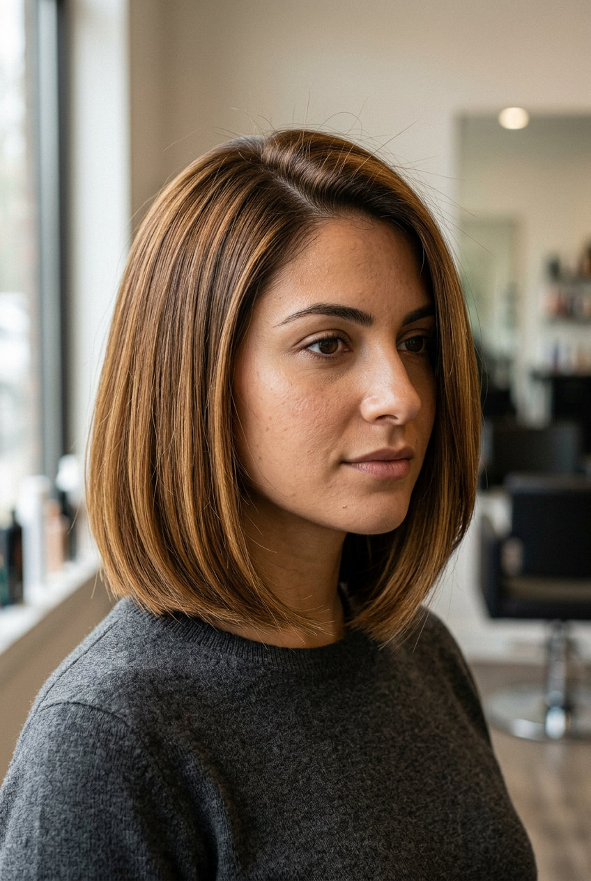 Sophisticated Bob Haircut for Round Faces 2026 shoulder-length syrup brunette bob with deep side part and blunt ends for summer