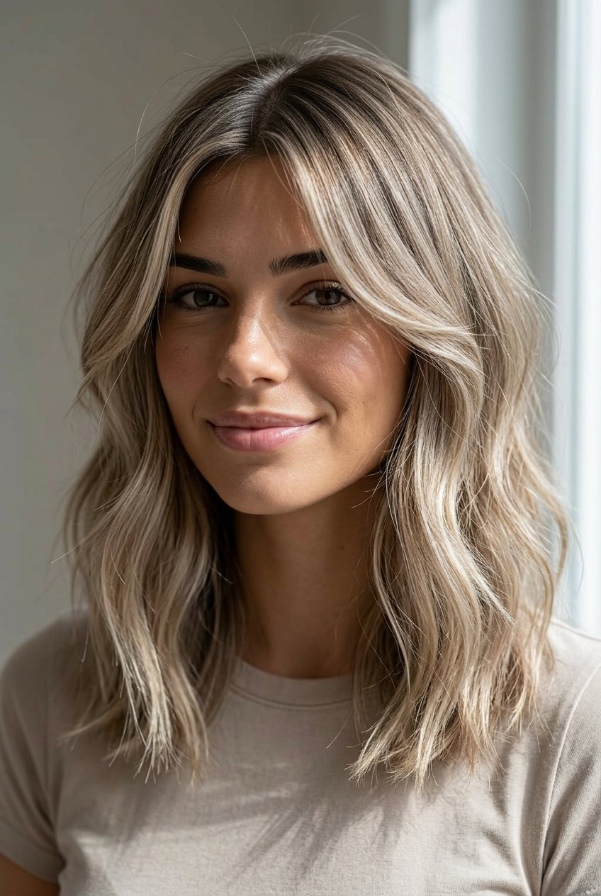 collarbone-length lob with cool taupe blonde highlights, ash undertones, curtain bangs for soft sophistication
