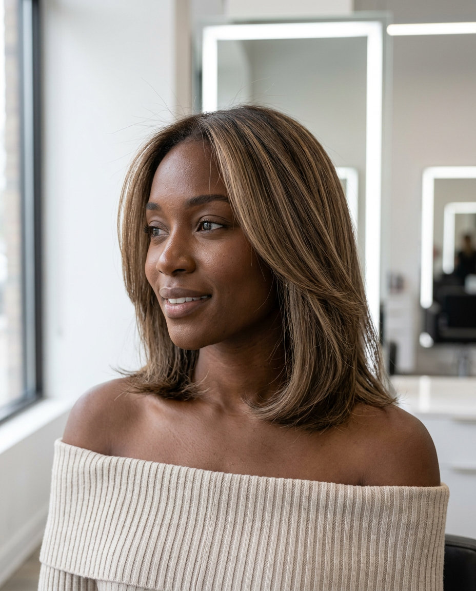 long layered haircut with tea-stained beige highlights and warm brown base, teasylights technique for elegance