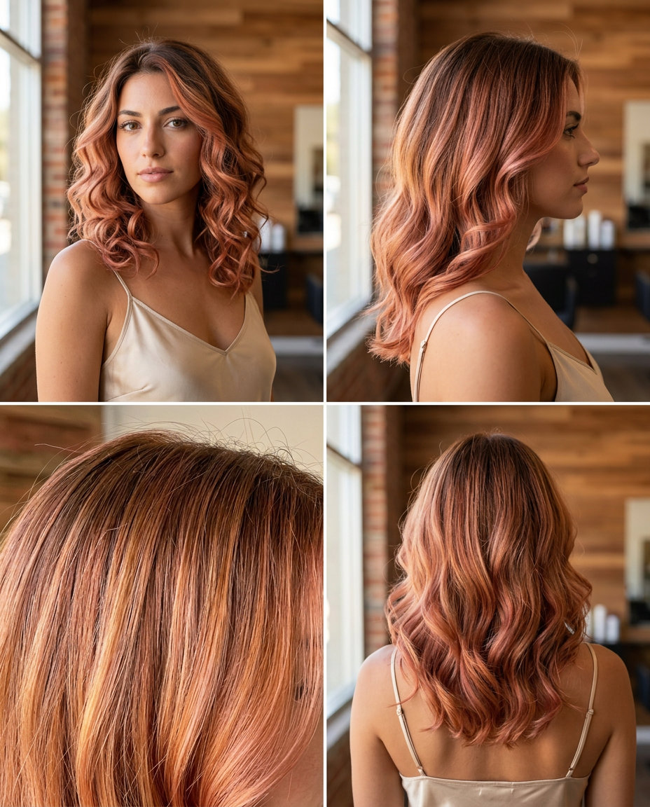 long layered terracotta copper sunset balayage with rose gold highlights, warm brown base — playful summer hair color ideas 2026