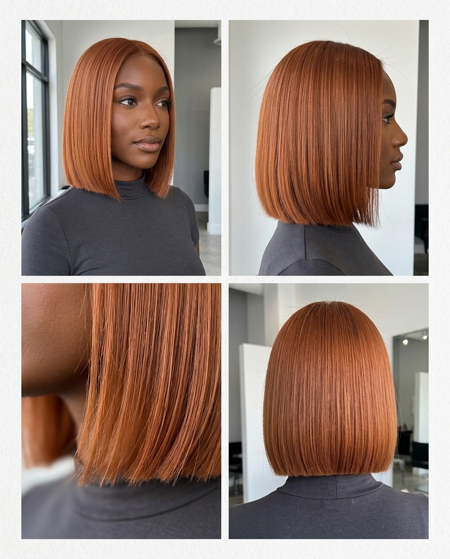 short terracotta copper all-over on blunt bob with earthy rust tones for summer outing