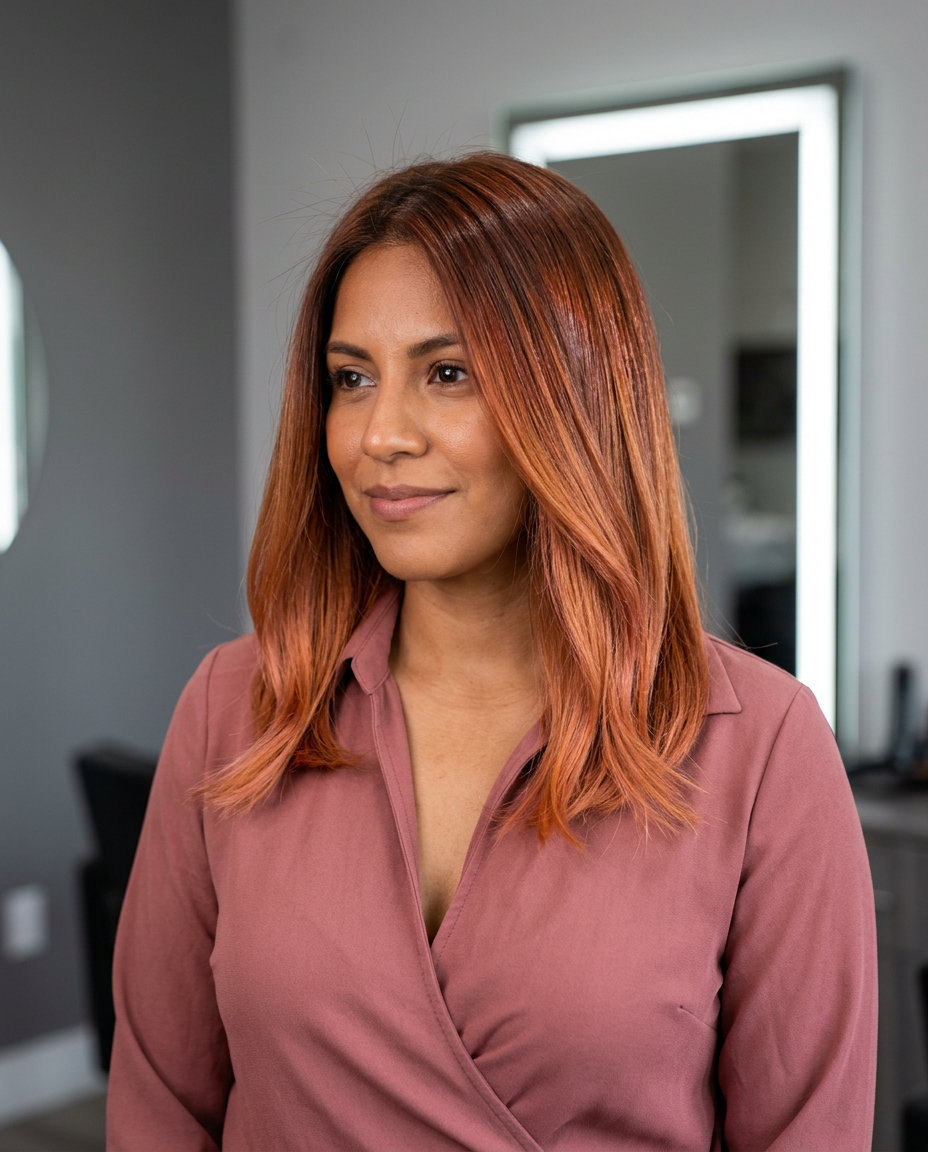 long layered curly terracotta copper melt with pink & orange undertones, sun-kissed effect — vibrant summer hair color ideas 2026