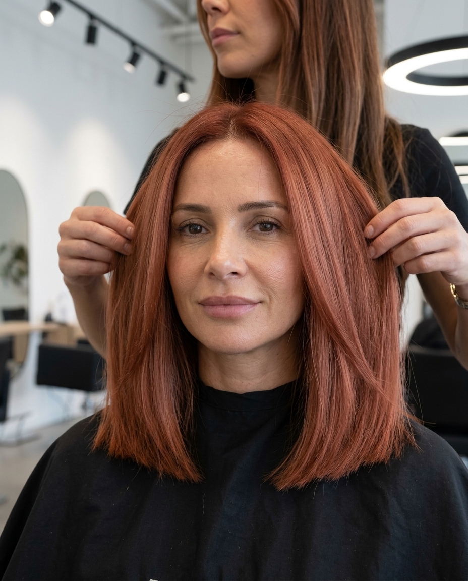 collarbone-length blunt cut haircut in muted terracotta red for summer