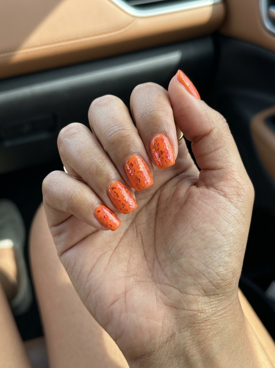 Trending Summer Nails 2026: Coral Foil Flakes Vibrant coral foil flakes on a glossy nude base for trending summer nails 2026. Perfect for vacation.