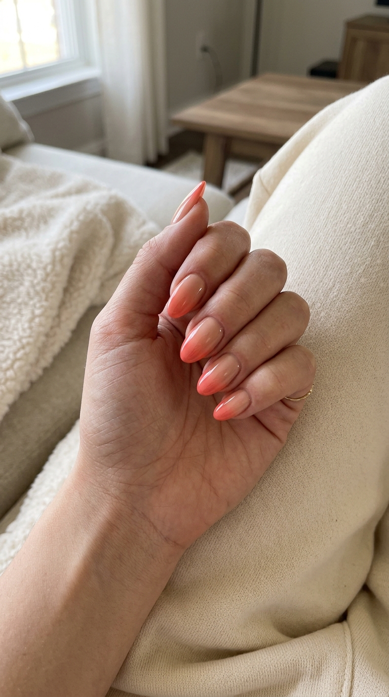 Trending Summer Nails 2026: Coral Ombre Press-Ons Glamorous vibrant coral ombre soft gel press-ons for trending summer nails 2026. Vacation.