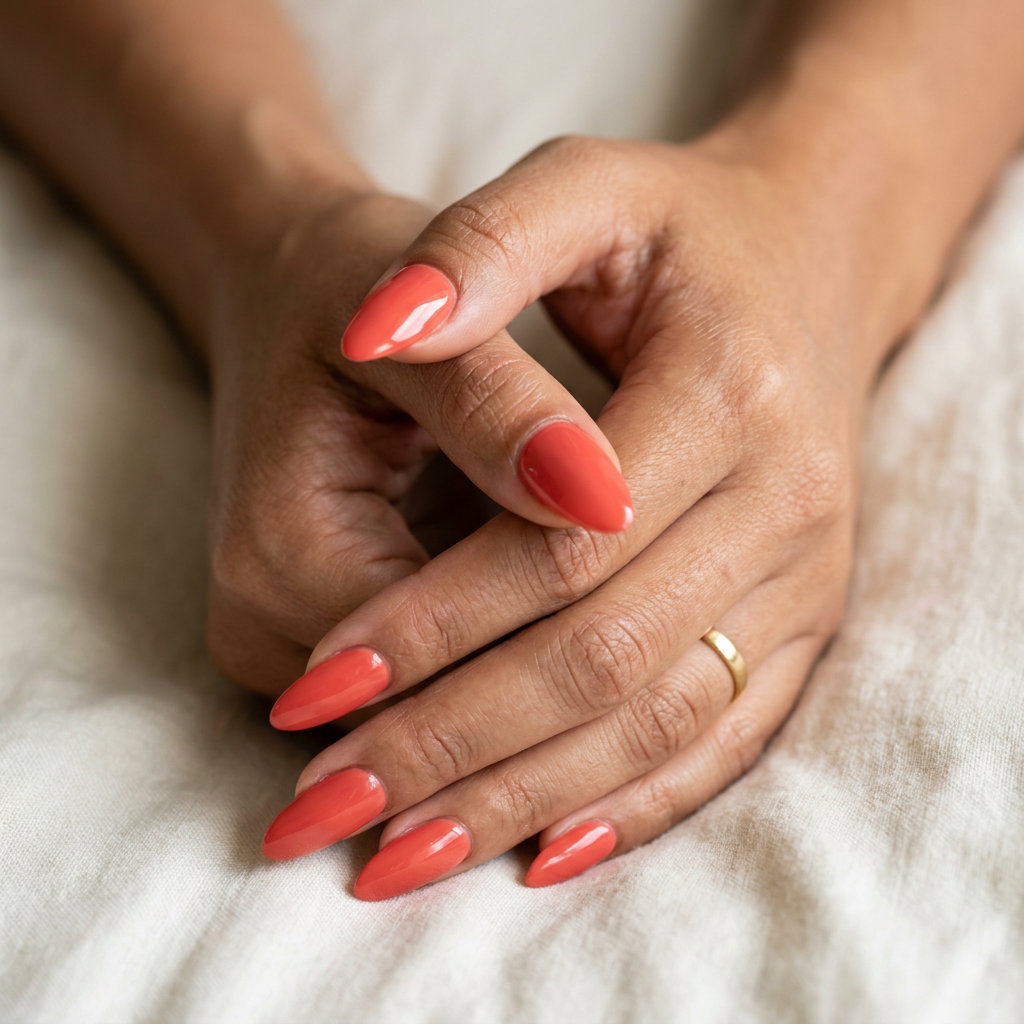Trending Summer Nails 2026: Coral Press-Ons Glamorous vibrant coral soft gel press-ons for trending summer nails 2026. Bold.