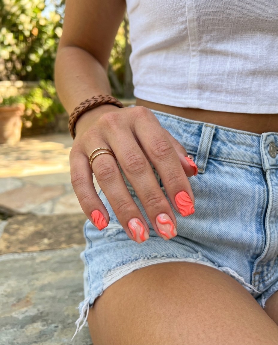 Trending Summer Nails 2026: Coral Textured Swirls Bohemian vibrant coral textured swirls on nude for trending summer nails 2026. Artistic.