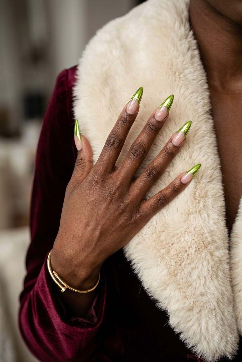 Trending Summer Nails 2026: Lime Green Chrome French Edgy lime green chrome French tip for trending summer nails 2026. Perfect for parties.