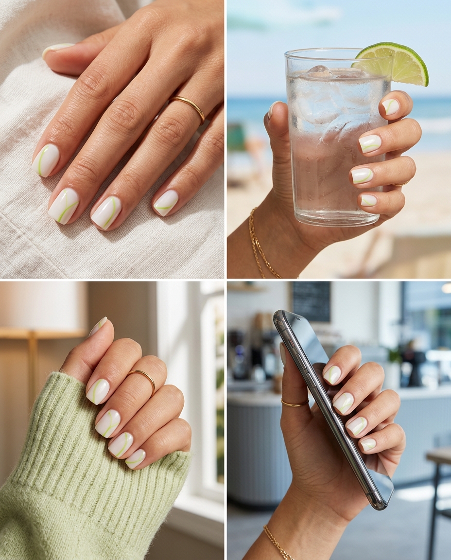 Trending Summer Nails 2026: Lime Green Minimalist Chic Trending summer nails 2026: Chic lime green minimalist lines on sheer milky white base for casual chic style.