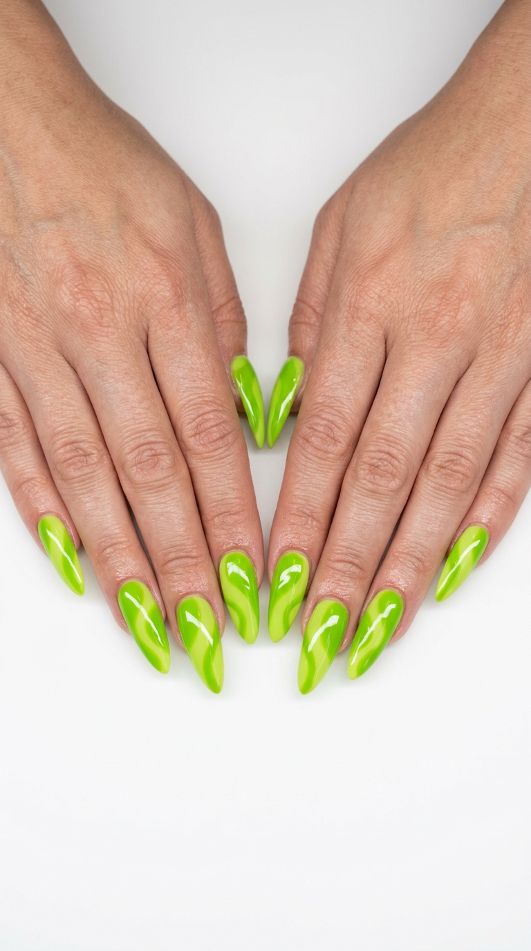 Trending Summer Nails 2026: Lime Green Negative Space Swirls Trending summer nails 2026: Edgy lime green negative space swirls for parties and festivals.