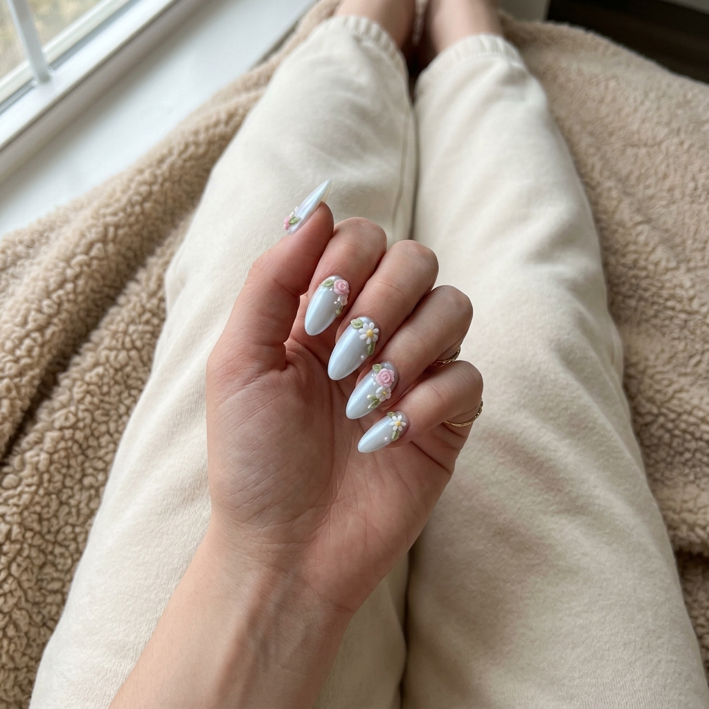 3D Floral Garden Nails | Trending Summer Nails 2026 Pale blue 3D floral garden nails for wedding guests and spring events. Trending summer nails 2026.