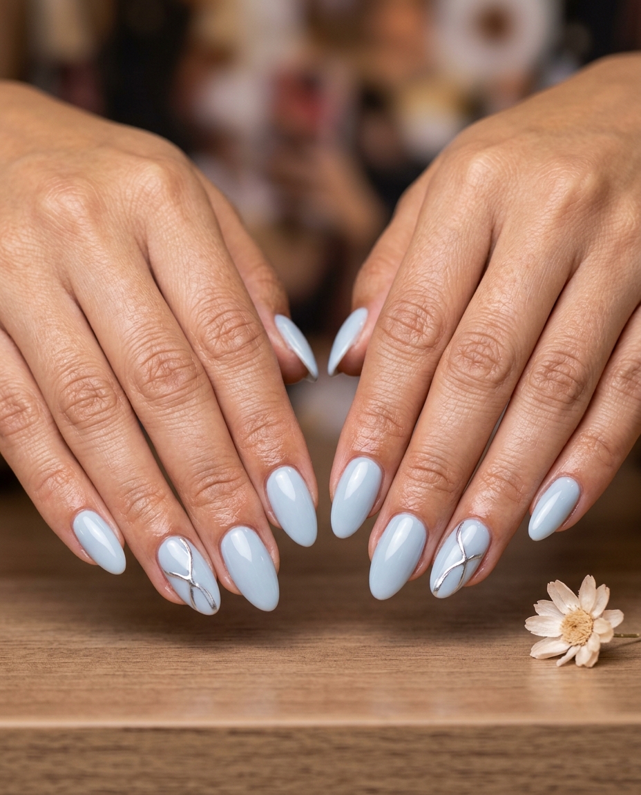 Pale Blue Chrome Lines Nails | Trending Summer Nails 2026 Pale blue chrome accent lines nails for office and casual chic. Trending summer nails 2026.