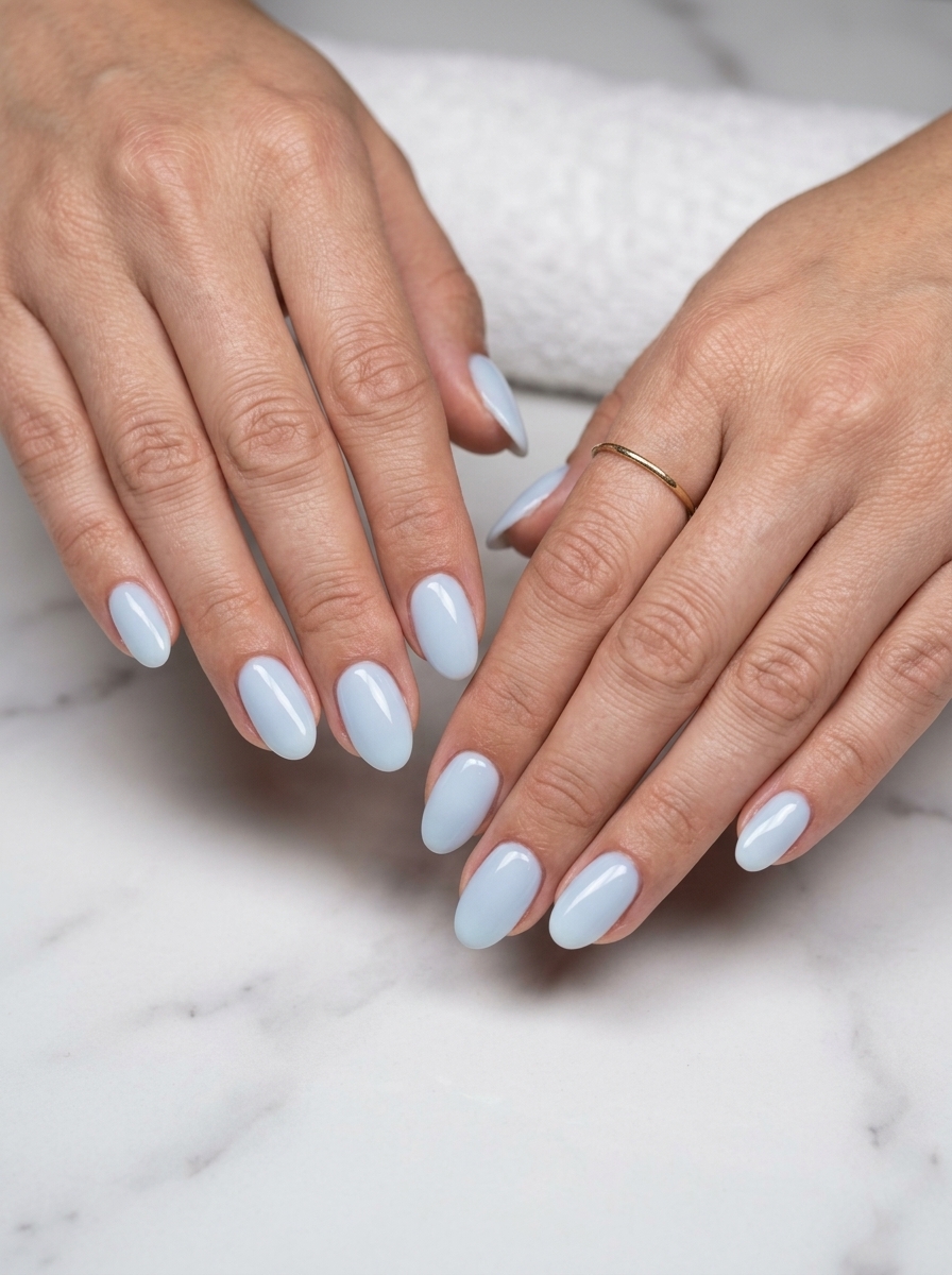 Trending Summer Nails 2026: Pale Blue Milky Builder Gel Trending summer nails 2026: Serene pale blue milky builder gel overlay for office and minimalist chic.