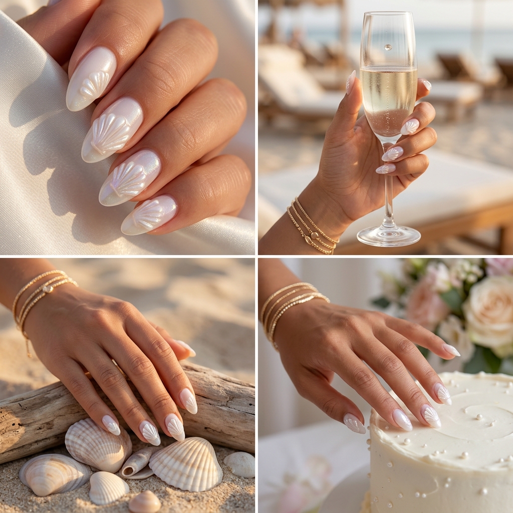 Whimsical 3D shell embellishments on milky white nails for beachy tropical nail designs 2026.