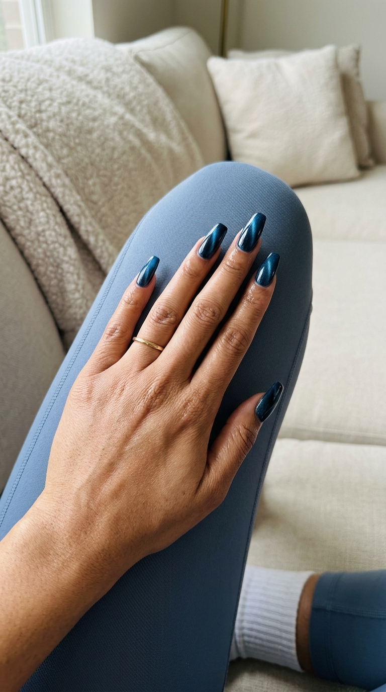 Sultry deep sea cat-eye nails in oceanic blue with a glossy finish for date nights in 2026.
