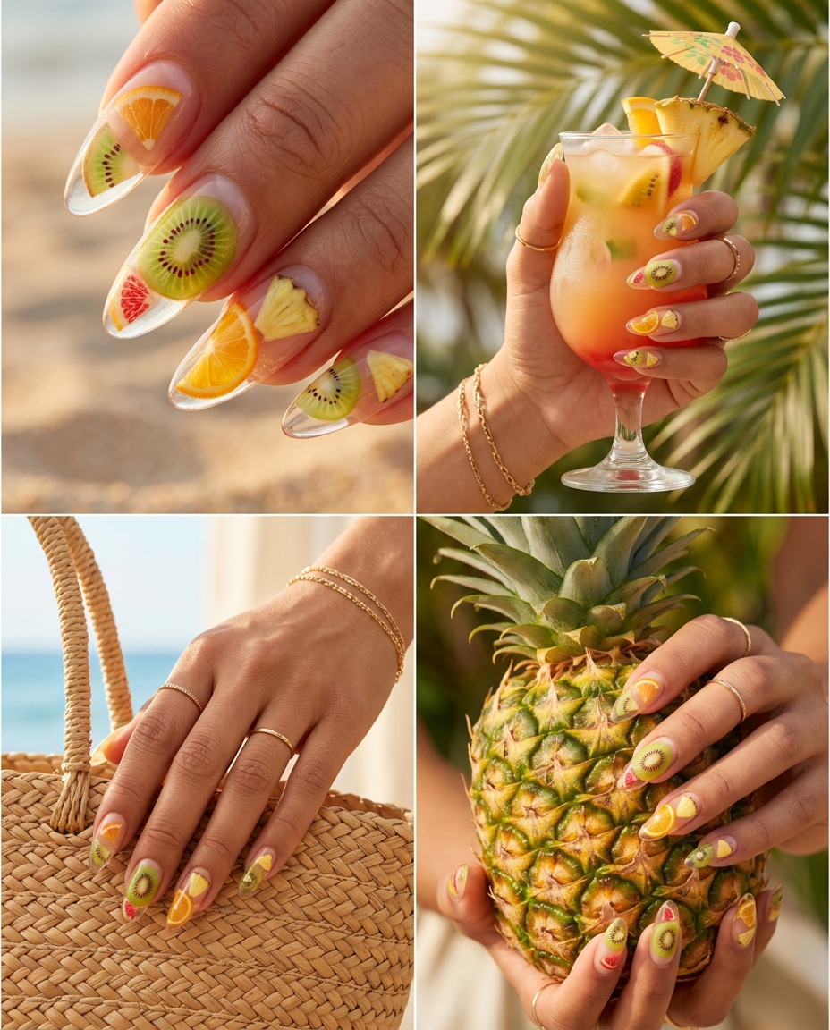 Fruity Cocktail clear nail extensions with embedded kiwi, orange, and pineapple slices for tropical nail designs 2026.