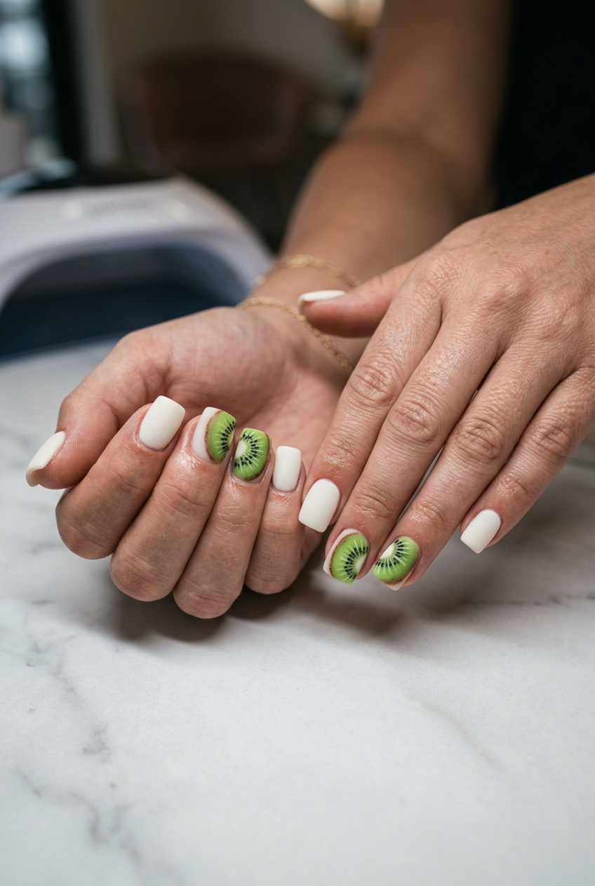 Striking kiwi slice matte finish nails with lime green and black dots, perfect for casual weekends in 2026.