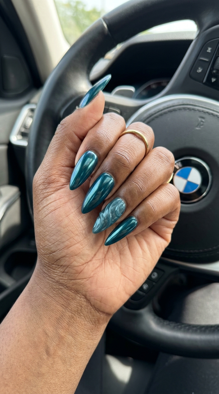 Captivating oceanic teal chrome texture nails with 3D waves for parties and nights out in 2026.