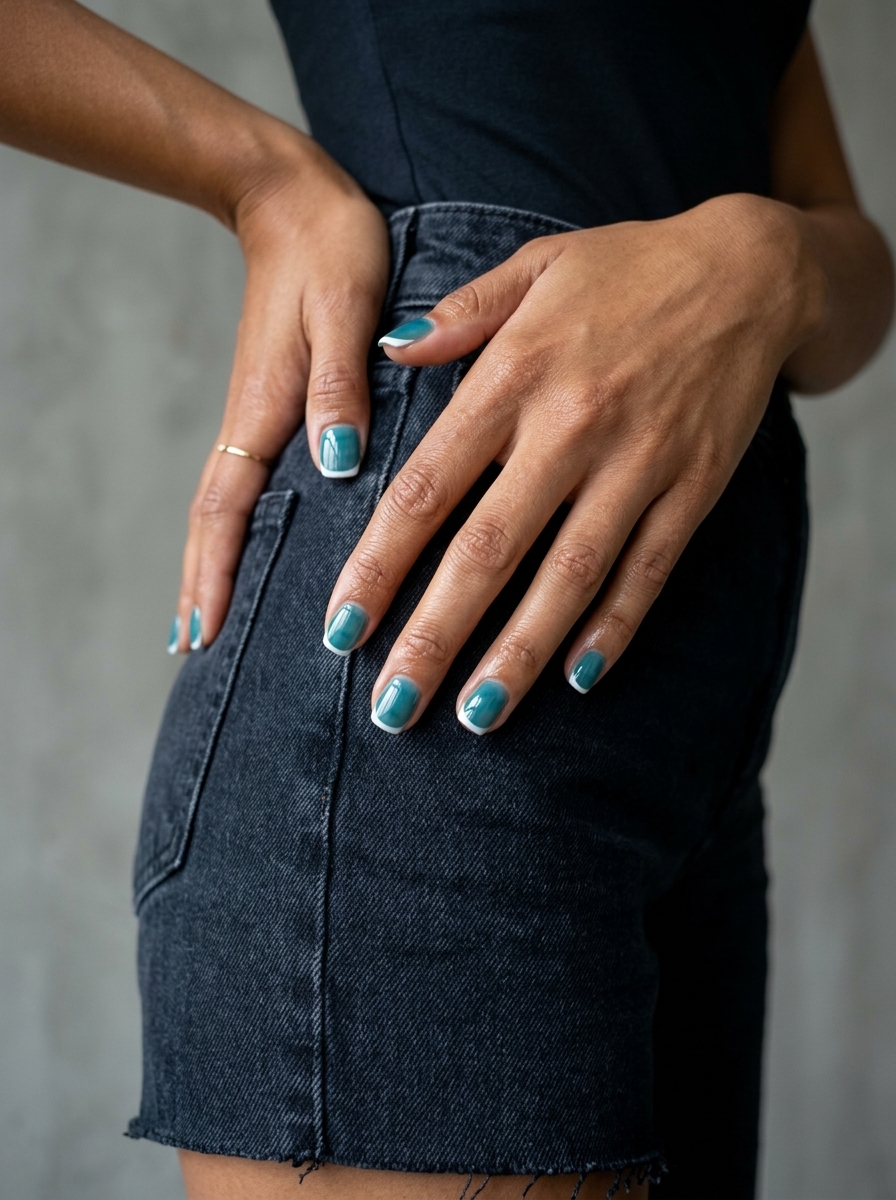 Tropical nail designs 2026: Oceanic Teal Jelly French for daily wear and work.