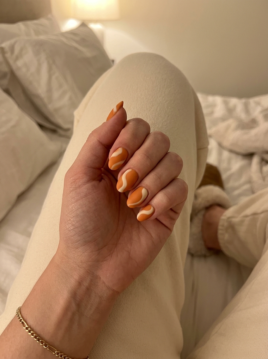 Sophisticated papaya orange nails with matte cream swirls, perfect for business casual and daily wear in 2026.