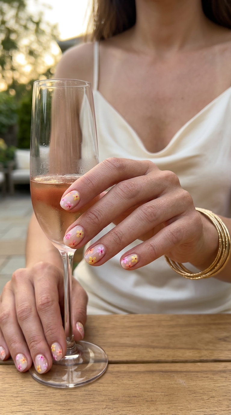 Dainty tiny tropical bloom scatter nails on sheer nude base, perfect for office and brunch in 2026.