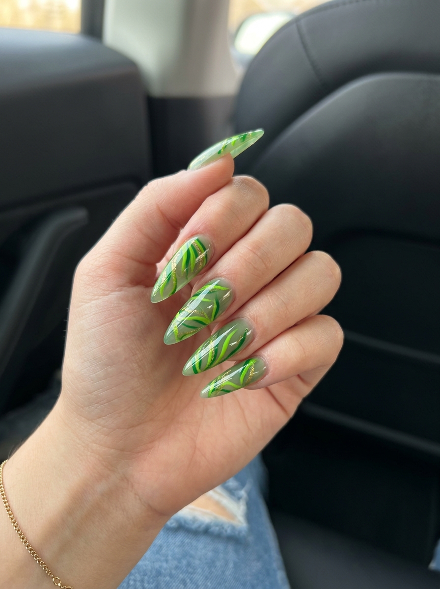 Edgy sheer green nails with abstract lime green tropical art lines, perfect for festivals and creative events in 2026.