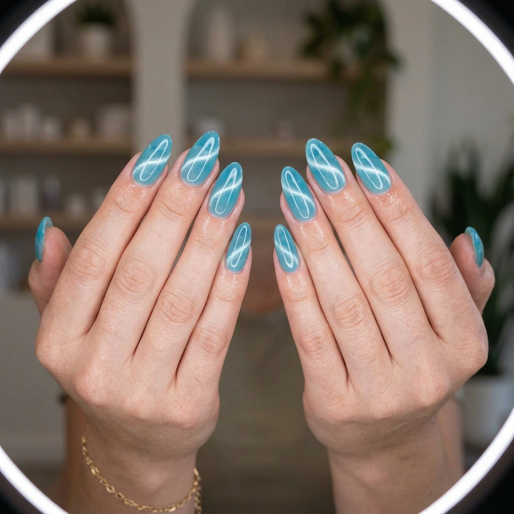Aqua Jelly Cat-Eye Waves nails for vacation nails summer 2026. Translucent aqua blue with silver shift.