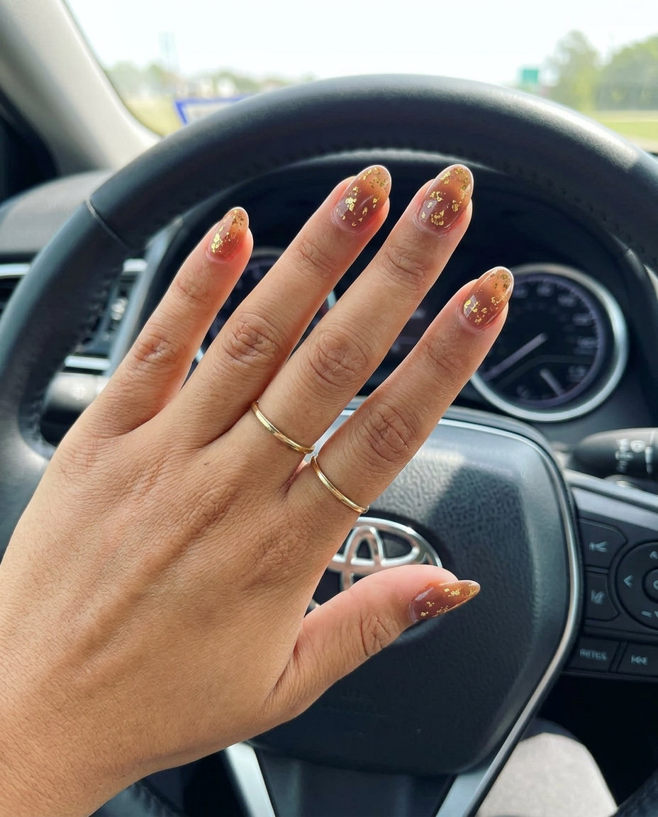 Bohemian Gold Flake Brown nails for vacation nails summer 2026. Earthy and glamorous festival style.