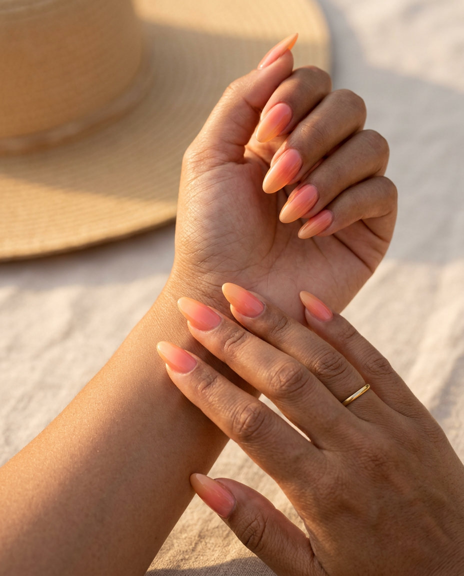Coral Sunset Aura Gradient nails for vacation nails summer 2026. Warm and vibrant tropical getaway look.
