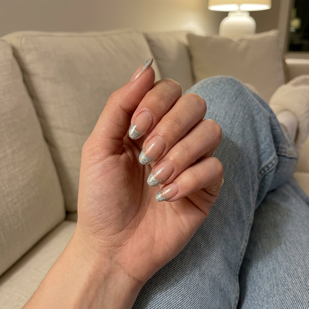 Holographic Glitter Beach French nails for vacation nails summer 2026. Glamorous glitter French tips.