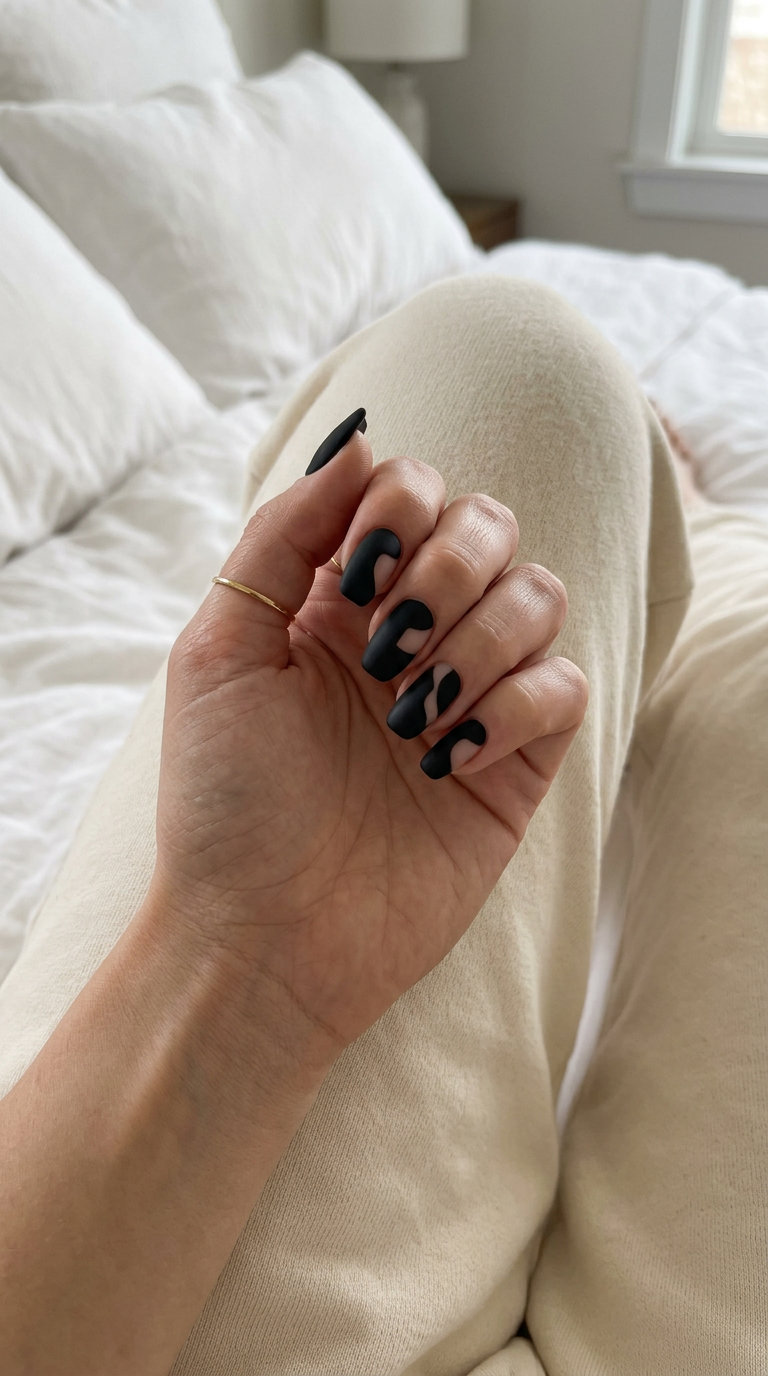 Monochromatic Matte Black Negative Space nails for vacation nails summer 2026. Edgy and sophisticated resort look.