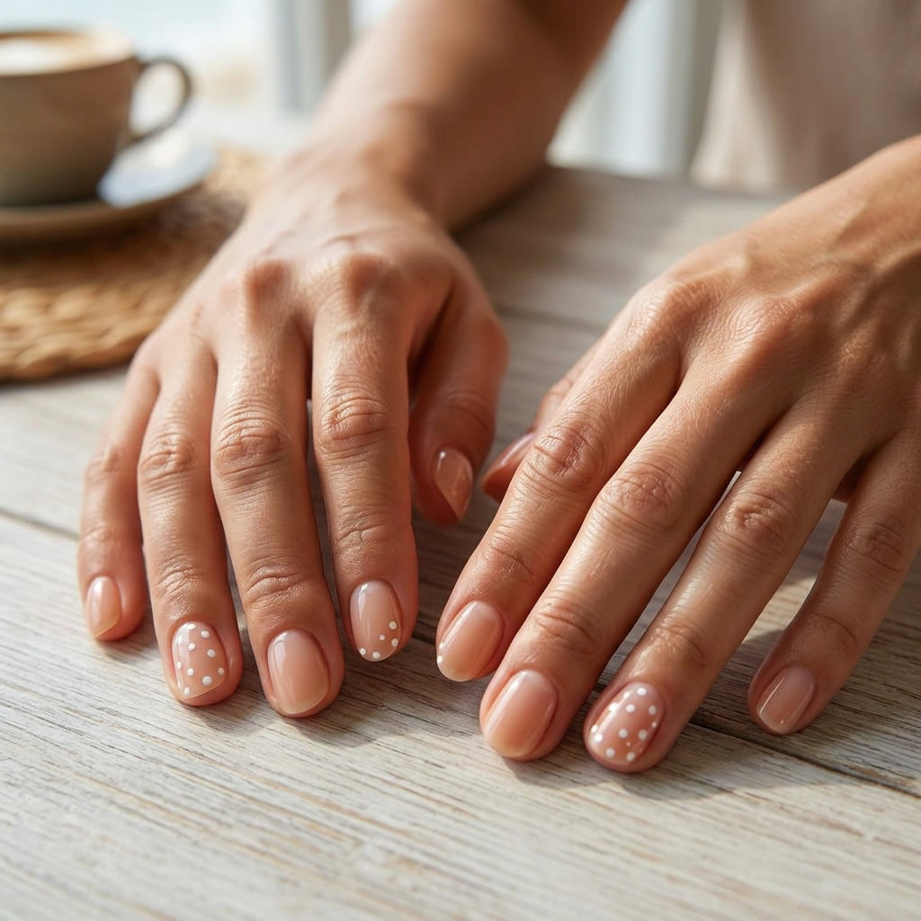 Nude Dot Minimalist Beach Breeze nails for vacation nails summer 2026, relaxed chic.