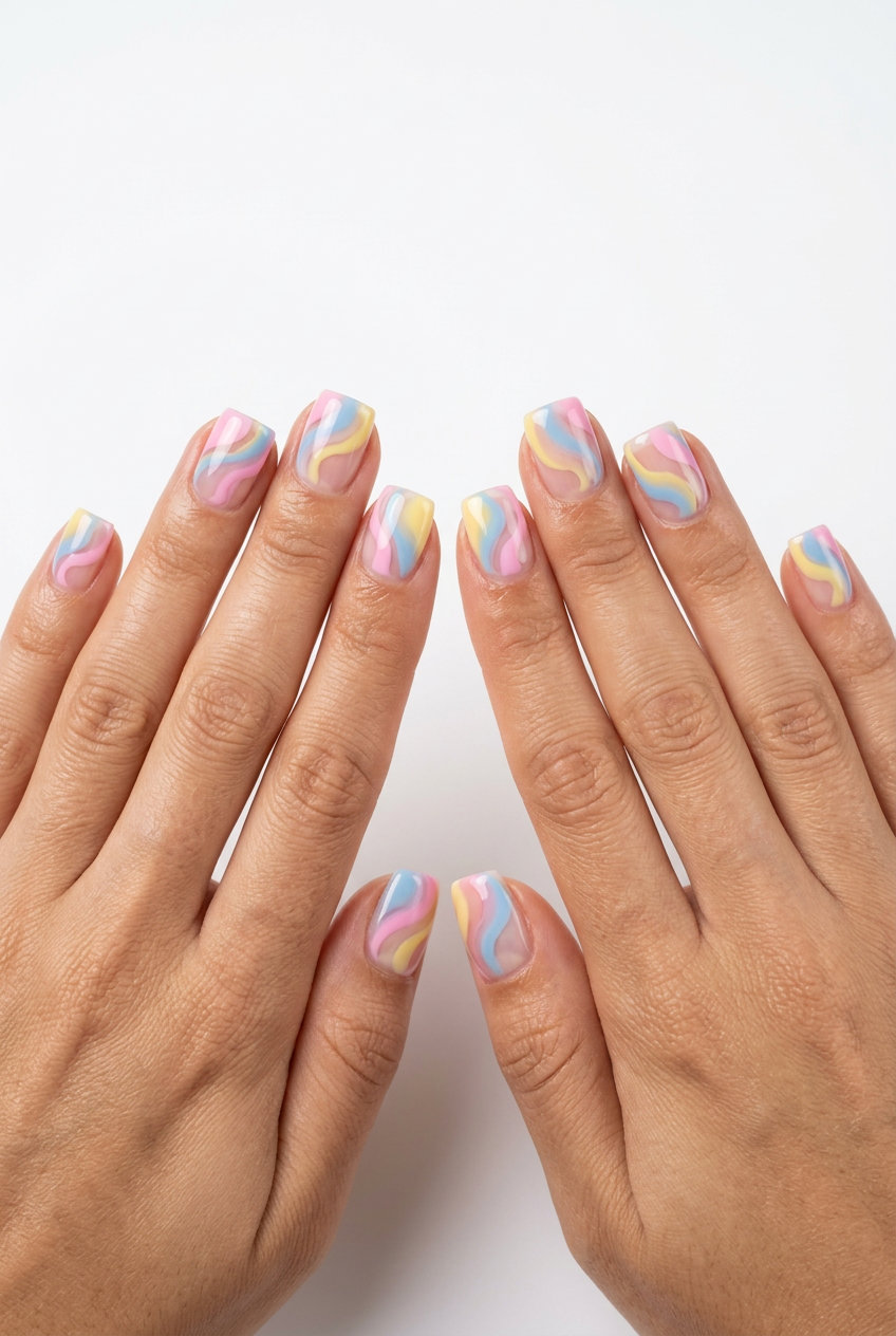 Pastel Swirl Abstract Summer Vibes nails for vacation nails summer 2026. Playful, artistic pastel swirls.