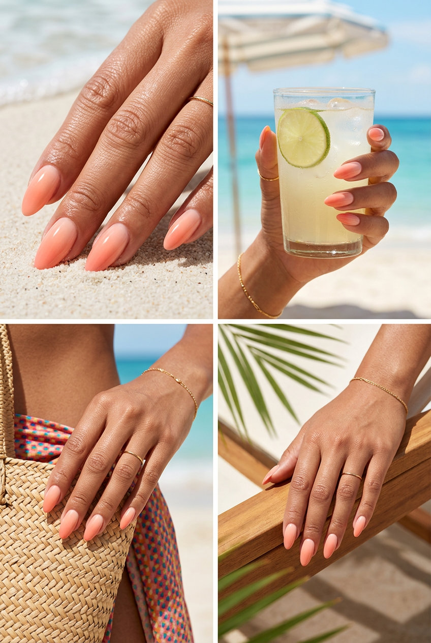 Airbrushed Peach Aura Gradient nails for vacation nails summer 2026, romantic tropical getaway.
